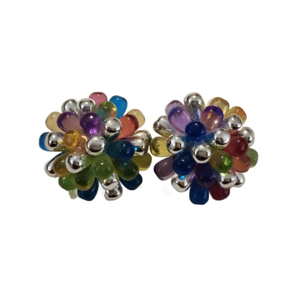 1950s Tutti Fruiti Lucite Cluster Clip On Earrings, Pink, Purple, Blue